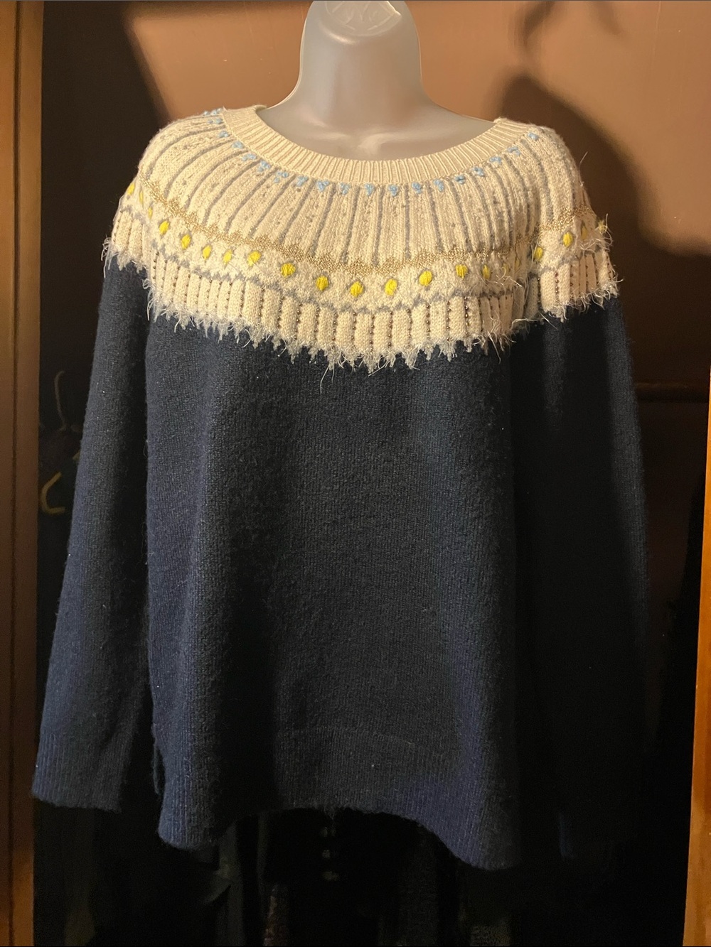 Style & Co. Navy Sweater with Cream, Yellow Textured Collar